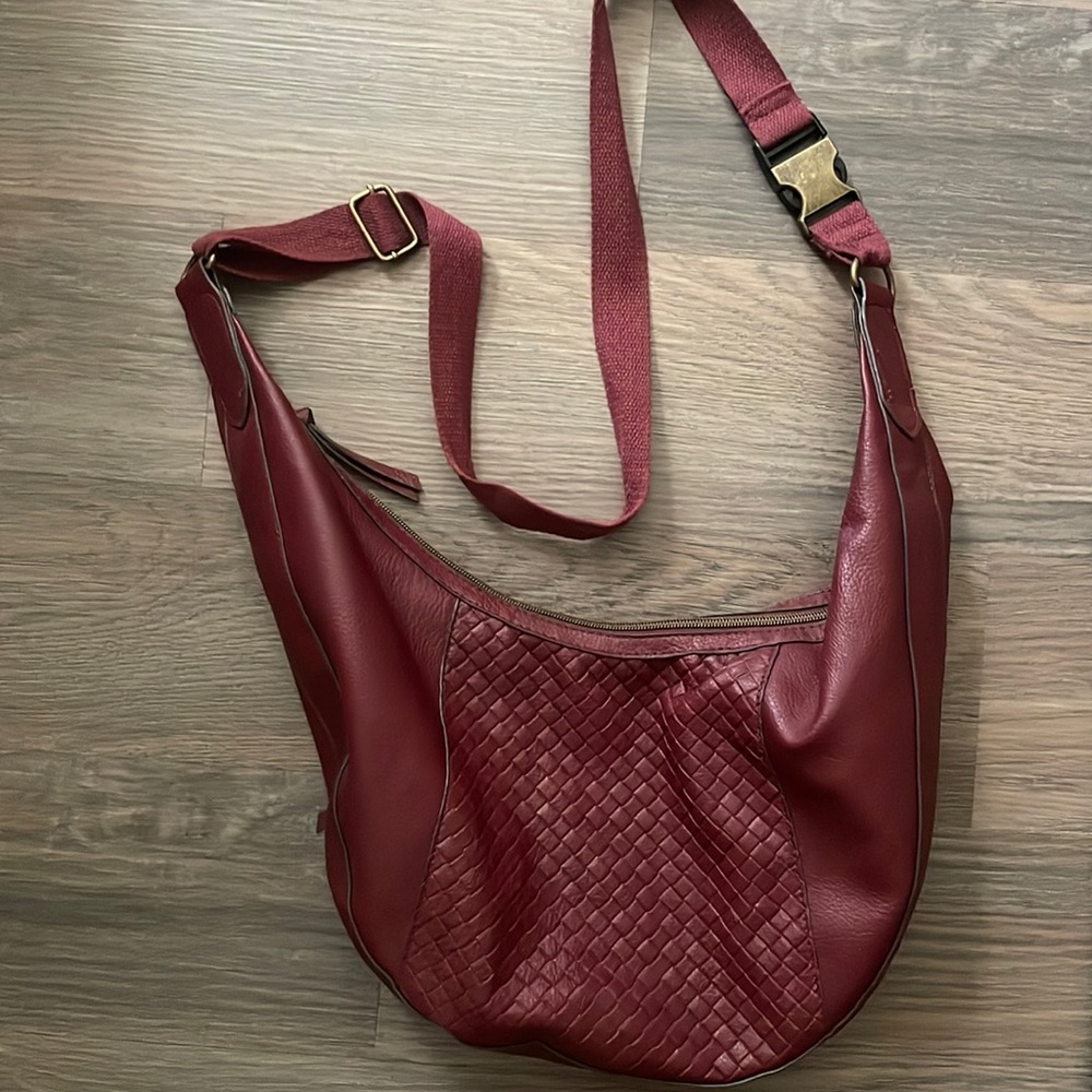 Red woven soft leather crossbody purse with buckle snap closure